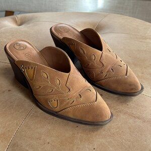 Sam & Libby Brown Leather Western-Inspired Vegan Mule Heels | Size 8